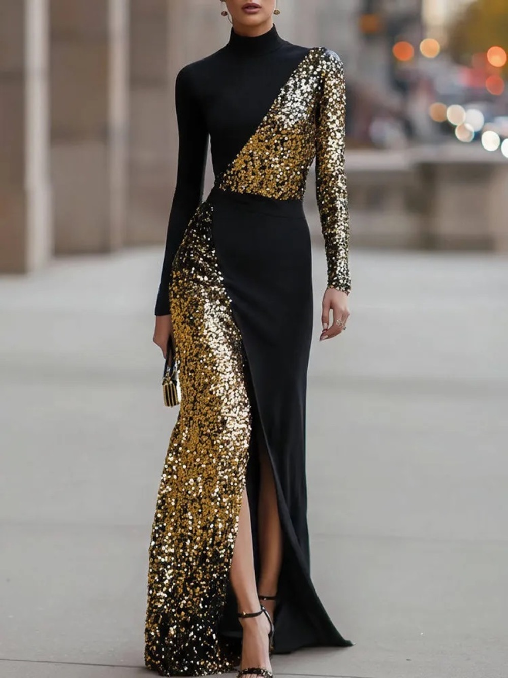Mooyius Black and Gold Sequin Asymmetric Women’s Dress